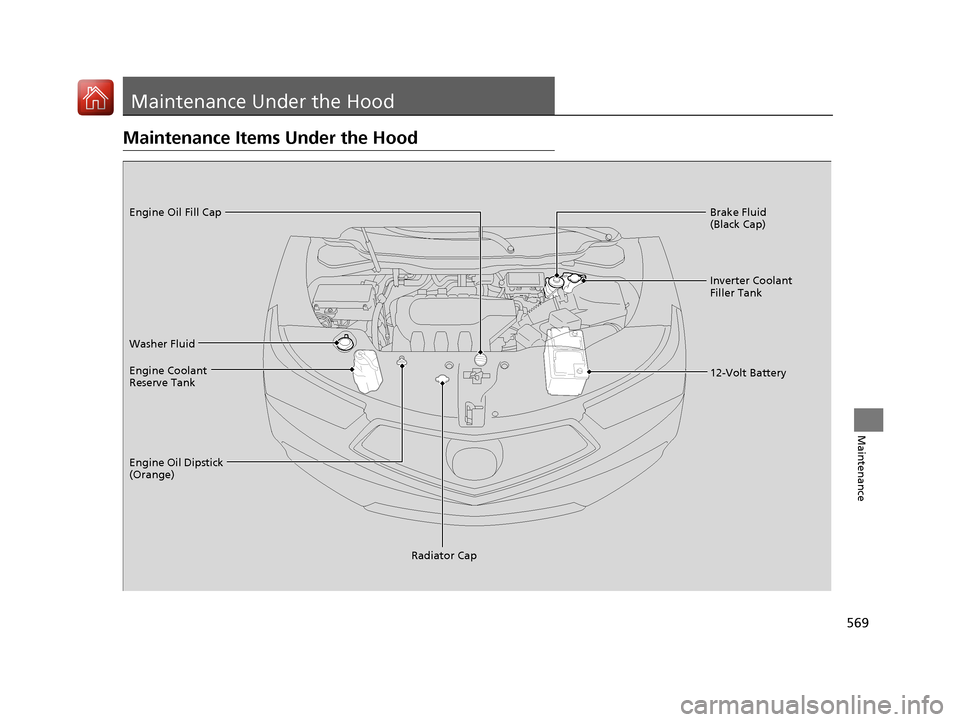 Acura MDX HYBRID 2018 Owners Manual 569
Maintenance
Maintenance Under the Hood
Maintenance Items Under the Hood
Brake Fluid
(Black Cap)
Washer Fluid
Radiator Cap
Engine Coolant
Reserve Tank
Engine Oil Dipstick
(Orange) Engine Oil Fil Acura MDX HYBRID 2018 Owners Manual 569
Maintenance
Maintenance Under the Hood
Maintenance Items Under the Hood
Brake Fluid
(Black Cap)
Washer Fluid
Radiator Cap
Engine Coolant
Reserve Tank
Engine Oil Dipstick
(Orange) Engine Oil Fil