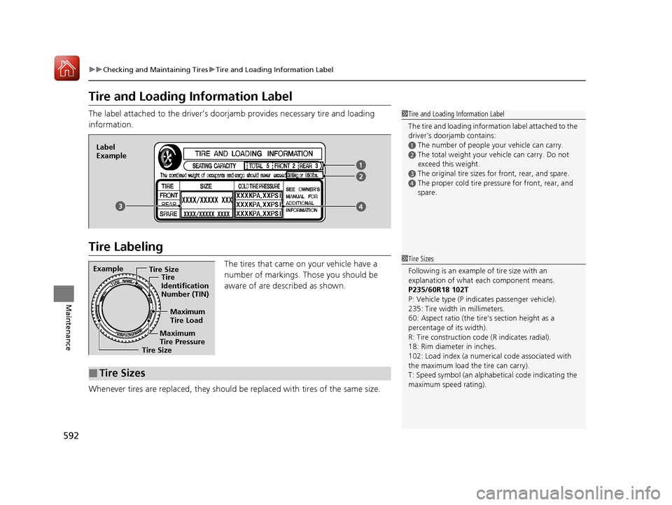 Acura MDX HYBRID 2018  Owners Manual 592
uuChecking and Maintaining Tires uTire and Loading Information Label
Maintenance
Tire and Loading Information Label
The label attached to the driver’s doorj amb provides necessary tire and loadi