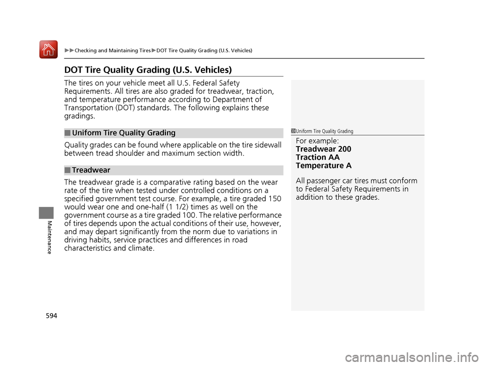Acura MDX HYBRID 2018 Owners Manual 594
uuChecking and Maintaining Tires uDOT Tire Quality Grading (U.S. Vehicles)
Maintenance
DOT Tire Quality Grading (U.S. Vehicles)
The tires on your vehicle meet all U.S. Federal Safety
Requirements Acura MDX HYBRID 2018 Owners Manual 594
uuChecking and Maintaining Tires uDOT Tire Quality Grading (U.S. Vehicles)
Maintenance
DOT Tire Quality Grading (U.S. Vehicles)
The tires on your vehicle meet all U.S. Federal Safety
Requirements