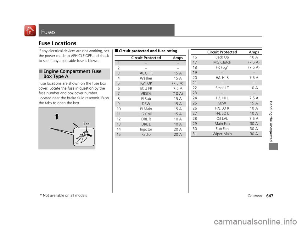 Acura MDX HYBRID 2018 Owners Manual 647Continued
Handling the Unexpected
Fuses
Fuse Locations
If any electrical devices are not working, set
the power mode to VEHICLE OFF and check
to see if any applic able fuse is blown.
Fuse locatio Acura MDX HYBRID 2018 Owners Manual 647Continued
Handling the Unexpected
Fuses
Fuse Locations
If any electrical devices are not working, set
the power mode to VEHICLE OFF and check
to see if any applic able fuse is blown.
Fuse locatio