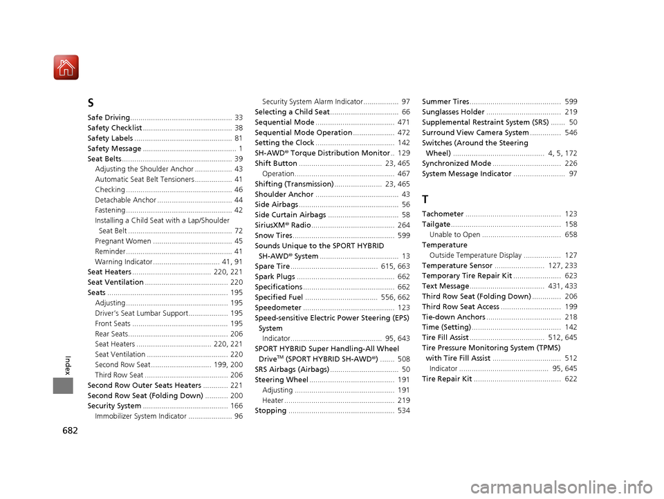 Acura MDX HYBRID 2018  Owners Manual 682
Index
S
Safe Driving.................................................  33
Safety Checklist ...........................................  38
Safety Labels ...........................................