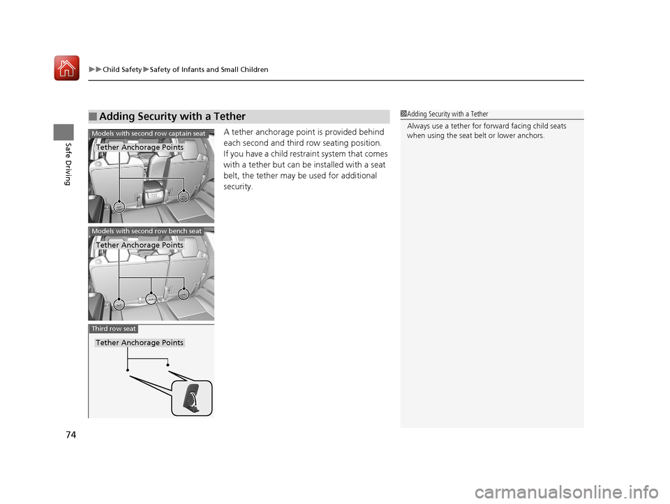 Acura MDX HYBRID 2018 Manual PDF uuChild Safety uSafety of Infants and Small Children
74
Safe DrivingA tether anchorage point is provided behind
each second and third row seating position.
If you have a child restraint system that c Acura MDX HYBRID 2018 Manual PDF uuChild Safety uSafety of Infants and Small Children
74
Safe DrivingA tether anchorage point is provided behind
each second and third row seating position.
If you have a child restraint system that c