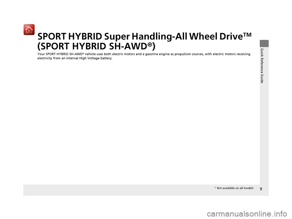 Acura MDX HYBRID 2018  Owners Manual 9
Quick Reference Guide
SPORT HYBRID Super Handling-All Wheel DriveTM 
(SPORT HYBRID SH-AWD ®)
Your SPORT HYBRID SH-AWD®  vehicle uses both electric motors and a gasoline engine as propulsion source