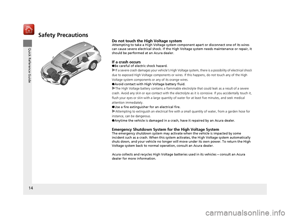 Acura MDX Hybrid 2017 User Guide 14
Quick Reference Guide
Safety Precautions
Do not touch the High Voltage systemAttempting to take a High Voltage system component apart or disconnect one of its wires 
can cause severe electrical sho