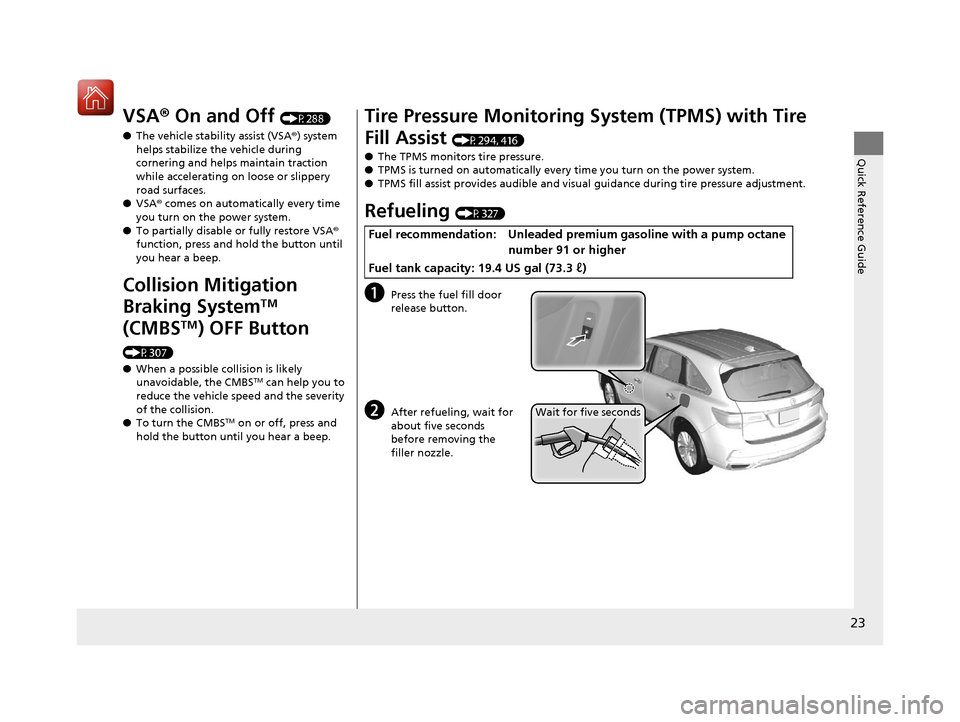 Acura MDX Hybrid 2017  Owners Manual 23
Quick Reference Guide
VSA® On and Off (P288)
● The vehicle stability assist (VSA® ) system 
helps stabilize the vehicle during 
cornering and helps maintain traction 
while accelerating on loos