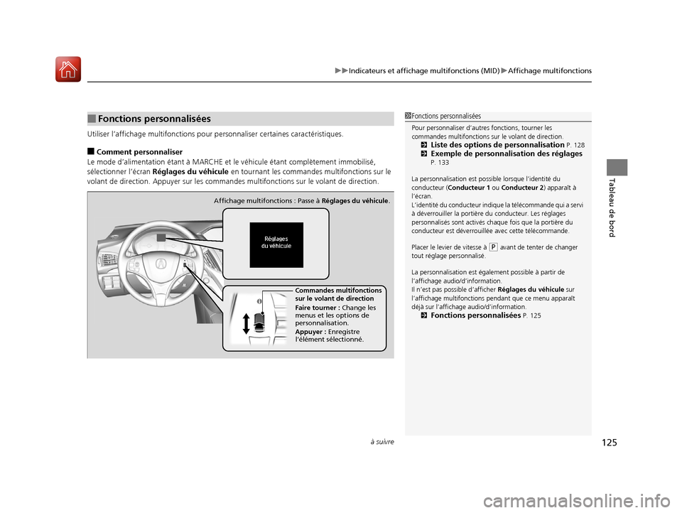 Acura MDX Hybrid 2017  Manuel du propriétaire (in French) à suivre125
uuIndicateurs et affichage multifonctions (MID) uAffichage multifonctions
Tableau de bord
Utiliser l’affichag e multifonctions pour personnaliser certaines ca ractéristiques.
■Commen
