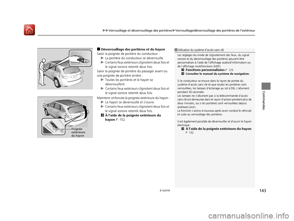 Acura MDX Hybrid 2017  Manuel du propriétaire (in French) à suivre143
uuVerrouillage et déverrouillage des portières uVerrouillage/déverrouillage des portières de l’extérieur
Commandes
■Déverrouillage des portières et du hayon
Saisir la poignée 