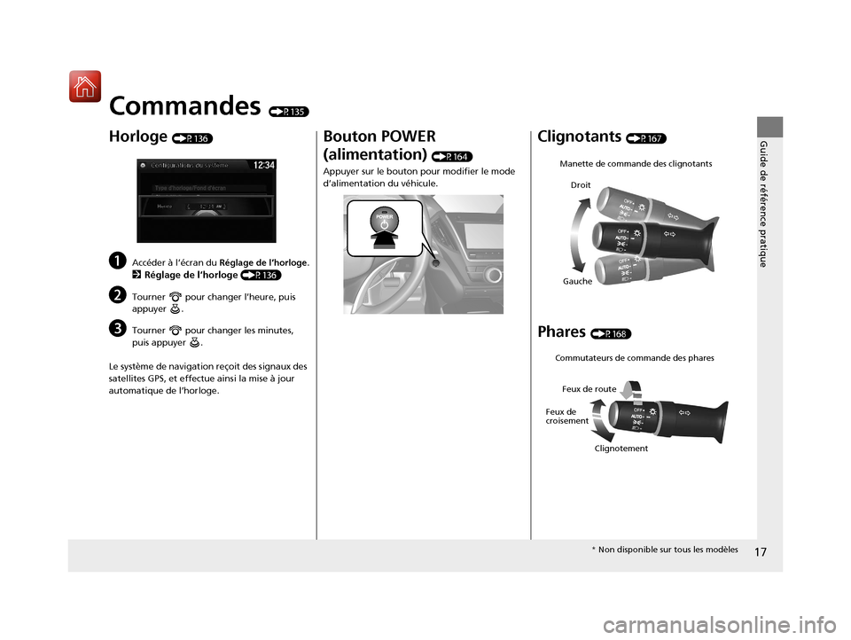 Acura MDX Hybrid 2017 Manuel du propriétaire (in French) 17
Guide de référence pratique
Commandes (P135)
Horloge (P136)
aAccéder à l’écran du Réglage de l’horloge.
2Réglage de l’horloge (P136)
bTourner pour changer l’heure, puis
appuyer .
Acura MDX Hybrid 2017 Manuel du propriétaire (in French) 17
Guide de référence pratique
Commandes (P135)
Horloge (P136)
aAccéder à l’écran du Réglage de l’horloge.
2Réglage de l’horloge (P136)
bTourner pour changer l’heure, puis
appuyer .