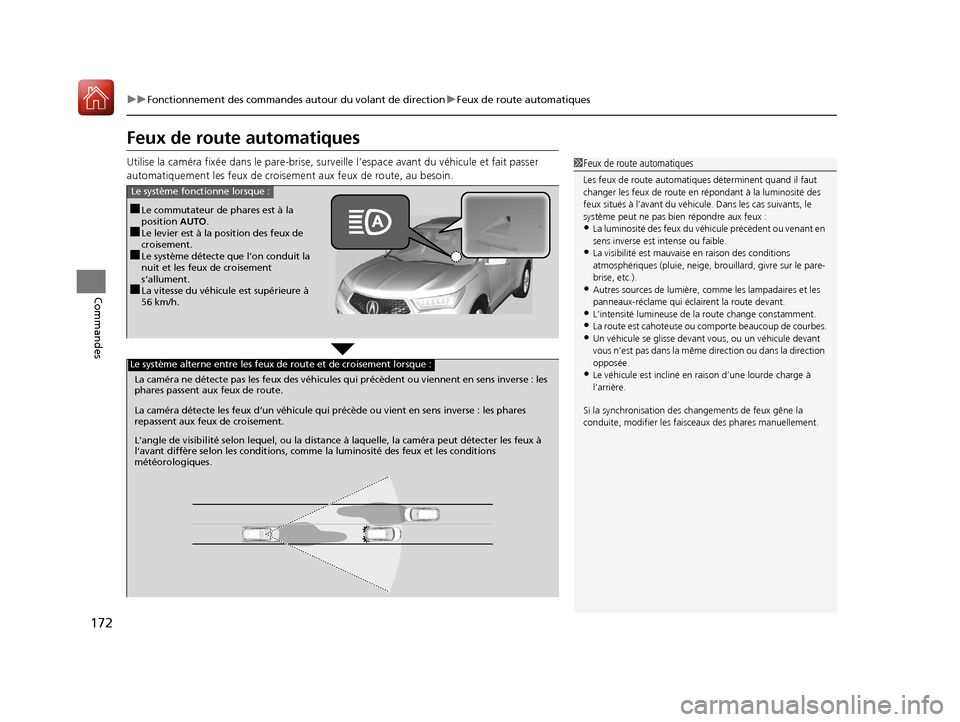 Acura MDX Hybrid 2017 Manuel du propriétaire (in French) 172
uuFonctionnement des commandes autour du volant de direction uFeux de route automatiques
Commandes
Feux de route automatiques
Utilise la caméra fixée dans le pare-brise, surveille l’espace ava Acura MDX Hybrid 2017 Manuel du propriétaire (in French) 172
uuFonctionnement des commandes autour du volant de direction uFeux de route automatiques
Commandes
Feux de route automatiques
Utilise la caméra fixée dans le pare-brise, surveille l’espace ava