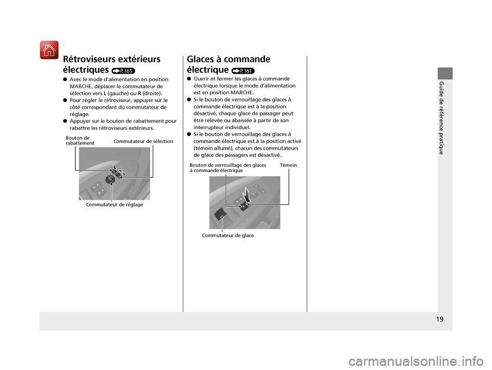 Acura MDX Hybrid 2017  Manuel du propriétaire (in French) 19
Guide de référence pratique
Rétroviseurs extérieurs 
électriques 
(P185)
● Avec le mode d’alimentation en position 
MARCHE, déplacer le commutateur de 
sélection vers  L (gauche) ou  R (