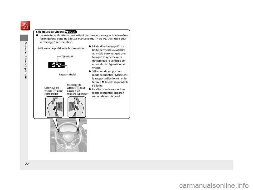 Acura MDX Hybrid 2017  Manuel du propriétaire (in French) 22
Guide de référence pratique
Sélecteurs de vitesse (P254)
● Les sélecteurs de vitesse permettent de changer de rapport de la même 
façon qu’une boîte de vitesses manuelle (du 1
er au 7e).