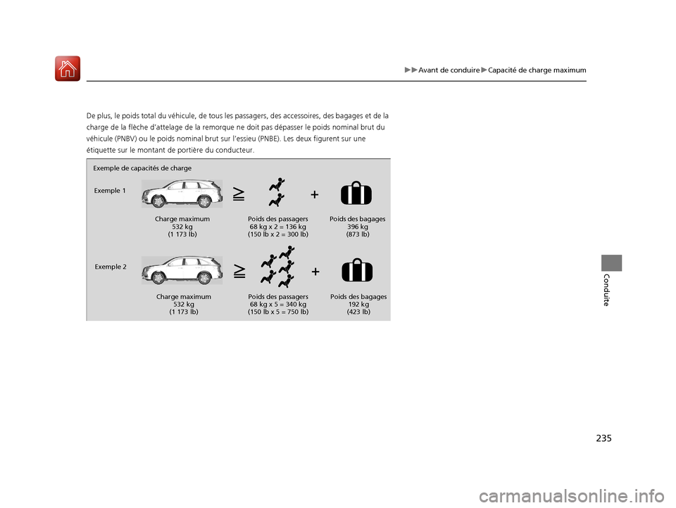 Acura MDX Hybrid 2017 Manuel du propriétaire (in French) 235
uuAvant de conduire uCapacité de charge maximum
Conduite
De plus, le poids total du véhicule, de tous les passagers, des ac cessoires, des bagages et de la
charge de la flèche d’attelage de Acura MDX Hybrid 2017 Manuel du propriétaire (in French) 235
uuAvant de conduire uCapacité de charge maximum
Conduite
De plus, le poids total du véhicule, de tous les passagers, des ac cessoires, des bagages et de la
charge de la flèche d’attelage de