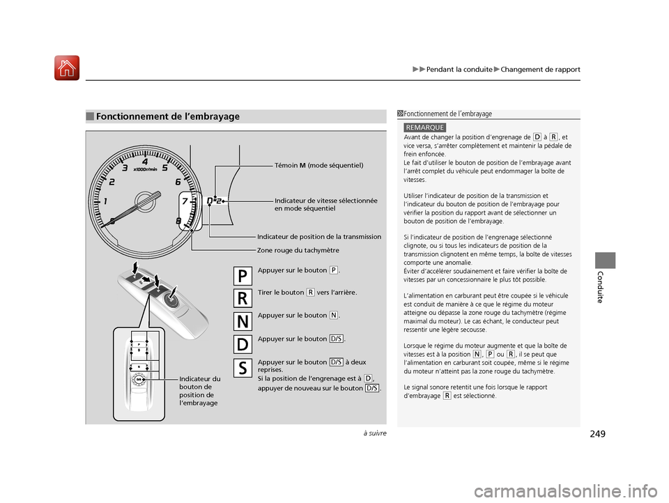 Acura MDX Hybrid 2017  Manuel du propriétaire (in French) à suivre249
uuPendant la conduite uChangement de rapport
Conduite
■Fonctionnement de l’embrayage1Fonctionnement de l’embrayage
REMARQUE
Avant de changer la position d’engrenage de (D à (R, e