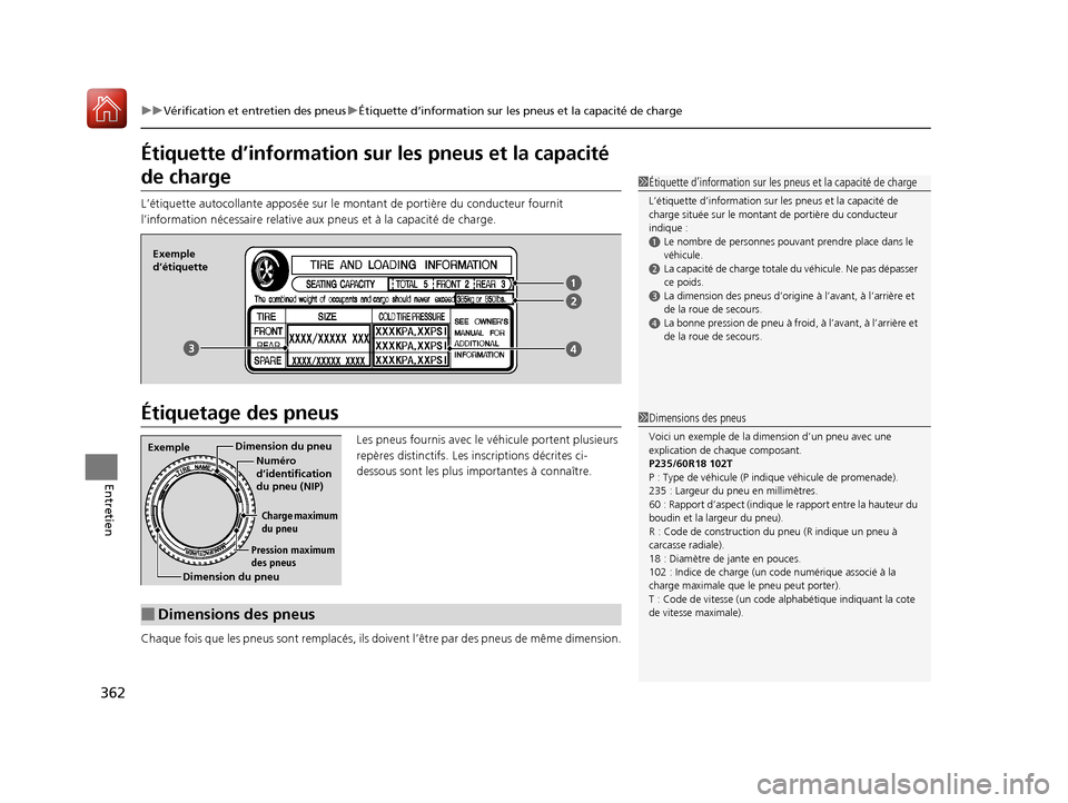 Acura MDX Hybrid 2017 Manuel du propriétaire (in French) 362
uuVérification et entretien des pneus uÉtiquette d’information sur les pneus et la capacité de charge
Entretien
Étiquette d’information sur le s pneus et la capacité
de charge
L’étiqu Acura MDX Hybrid 2017 Manuel du propriétaire (in French) 362
uuVérification et entretien des pneus uÉtiquette d’information sur les pneus et la capacité de charge
Entretien
Étiquette d’information sur le s pneus et la capacité
de charge
L’étiqu