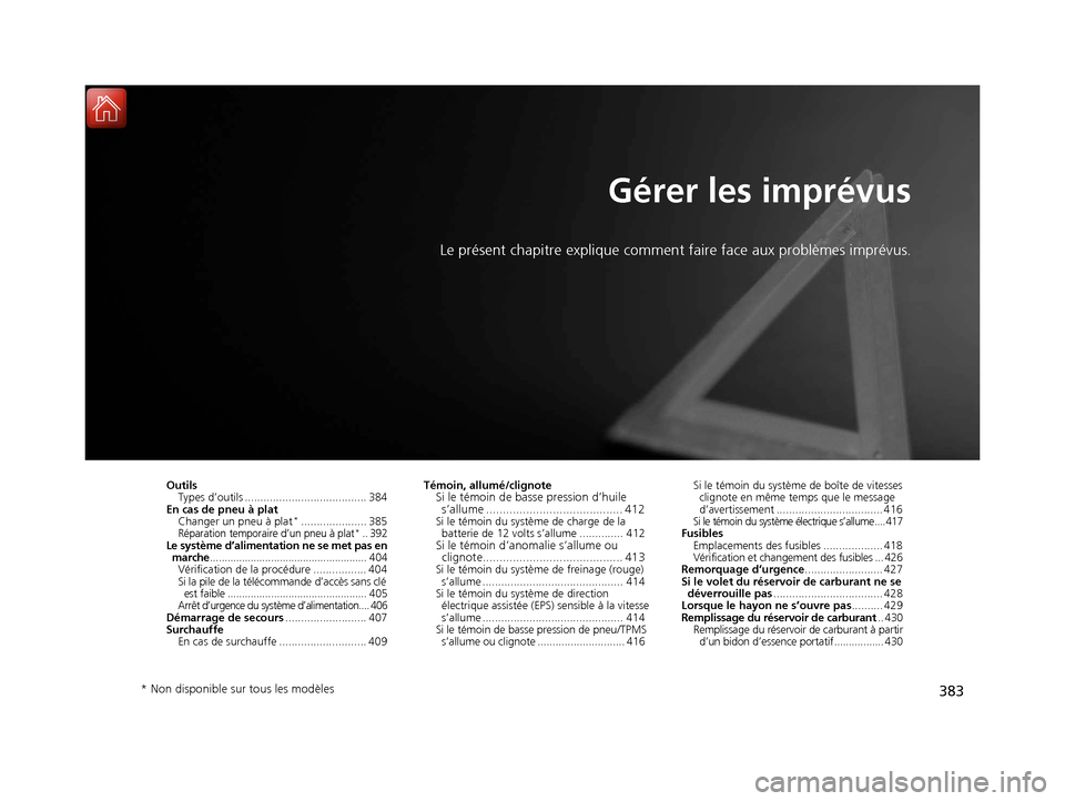 Acura MDX Hybrid 2017  Manuel du propriétaire (in French) 383
Gérer les imprévus
Le présent chapitre explique comment faire face aux problèmes imprévus.
Outils
Types d’outils ....................................... 384
En cas de pneu à plat Changer u