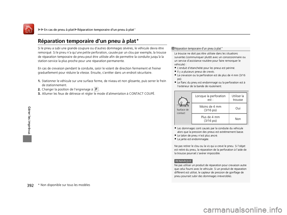 Acura MDX Hybrid 2017  Manuel du propriétaire (in French) 392
uuEn cas de pneu à plat uRéparation temporaire d’un pneu à plat*
Gérer les imprévus
Réparation temporaire d’un pneu à plat*
Si le pneu a subi une grande coupure ou d’autr es dommages 