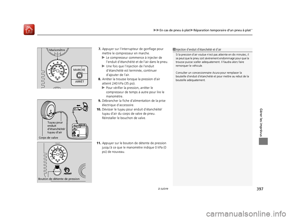 Acura MDX Hybrid 2017  Manuel du propriétaire (in French) à suivre397
uuEn cas de pneu à plat uRéparation temporaire d’un pneu à plat*
Gérer les imprévus
7. Appuyer sur l’interrupteur de gonflage pour 
mettre le compresseur en marche.
u Le compress