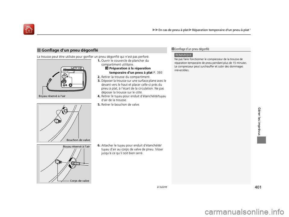 Acura MDX Hybrid 2017 Manuel du propriétaire (in French) à suivre401
uuEn cas de pneu à plat uRéparation temporaire d’un pneu à plat*
Gérer les imprévus
La trousse peut ê tre utilisée pour gonfl er un pneu dégonflé qui n’est pas perforé.
1.Ou Acura MDX Hybrid 2017 Manuel du propriétaire (in French) à suivre401
uuEn cas de pneu à plat uRéparation temporaire d’un pneu à plat*
Gérer les imprévus
La trousse peut ê tre utilisée pour gonfl er un pneu dégonflé qui n’est pas perforé.
1.Ou