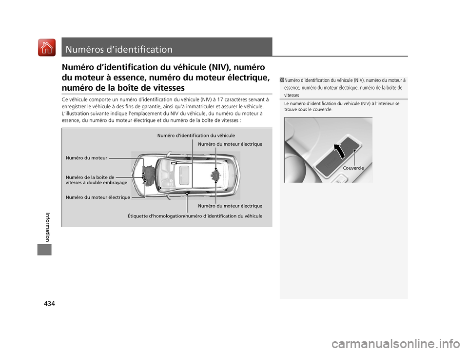 Acura MDX Hybrid 2017 Manuel du propriétaire (in French) 434
Information
Numéros d’identification
Numéro d’identification du véhicule (NIV), numéro
du moteur à essence, numéro du moteur électrique,
numéro de la boîte de vitesses
Ce véhicule Acura MDX Hybrid 2017 Manuel du propriétaire (in French) 434
Information
Numéros d’identification
Numéro d’identification du véhicule (NIV), numéro
du moteur à essence, numéro du moteur électrique,
numéro de la boîte de vitesses
Ce véhicule