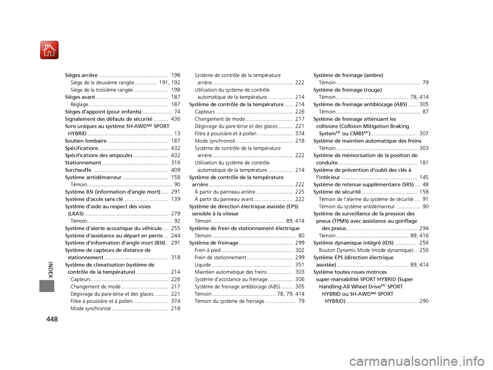 Acura MDX Hybrid 2017  Manuel du propriétaire (in French) 448
INDEX
Sièges arrière................................................  198
Siège de la deuxième rangée ...............  191, 192
Siège de la troisième rangée ........................  198
S