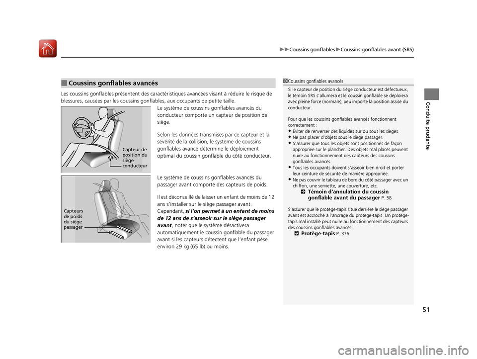 Acura MDX Hybrid 2017  Manuel du propriétaire (in French) 51
uuCoussins gonflables uCoussins gonflables avant (SRS)
Conduite prudenteLes coussins gonflables pr ésentent des caractéristiques avancées visant à réduire le risque de 
blessures, causées par