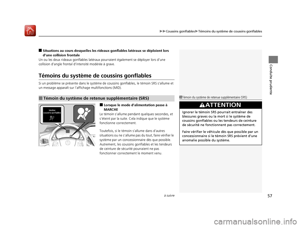 Acura MDX Hybrid 2017  Manuel du propriétaire (in French) à suivre57
uuCoussins gonflables uTémoins du système de coussins gonflables
Conduite prudente
■Situations au cours desquelles les rideaux gonflables latéraux se déploient lors 
d’une collisio