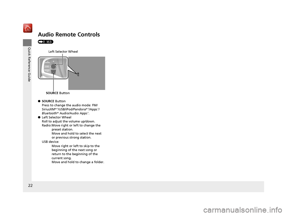 Acura NSX 2019  Owners Manual 22
Quick Reference Guide
Audio Remote Controls 
(P 163)
●SOURCE  Button
Press to change the audio mode: FM/
SiriusXM ®
*/USB/iPod/Pandora ®*/Apps*/
Bluetooth ® Audio/Audio Apps*.
● Left Selecto