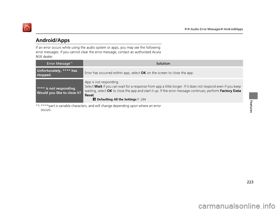 Acura NSX 2019  Owners Manual 223
uuAudio Error Messages uAndroid/Apps
Features
Android/Apps
If an error occurs while using the audio system or apps, you may see the following 
error messages. If you cannot clear the e rror messag