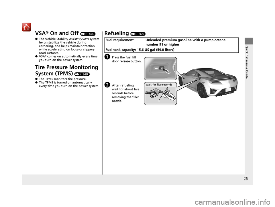 Acura NSX 2019 Owners Guide 25
Quick Reference Guide
VSA® On and Off (P 344)
● The Vehicle Stability Assist ® (VSA® ) system 
helps stabilize the vehicle during 
cornering, and helps maintain traction 
while accelerating on