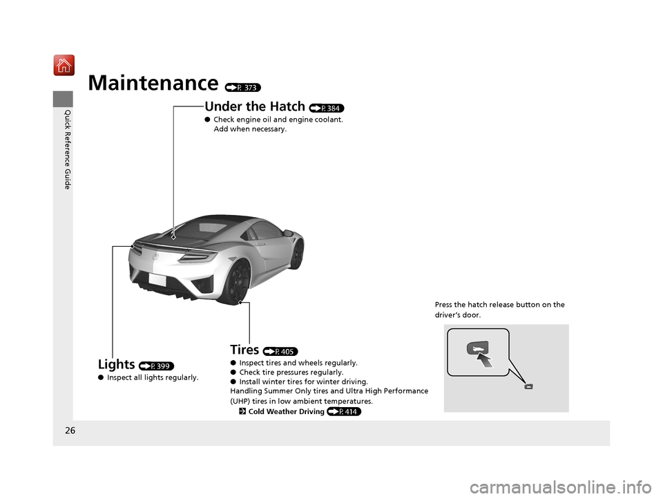 Acura NSX 2019 Owners Guide 26
Quick Reference Guide
Maintenance (P 373)
Press the hatch release button on the 
driver’s door.
Lights (P399)
● Inspect all lights regularly.
Under the Hatch (P384)
● Check engine oil and eng