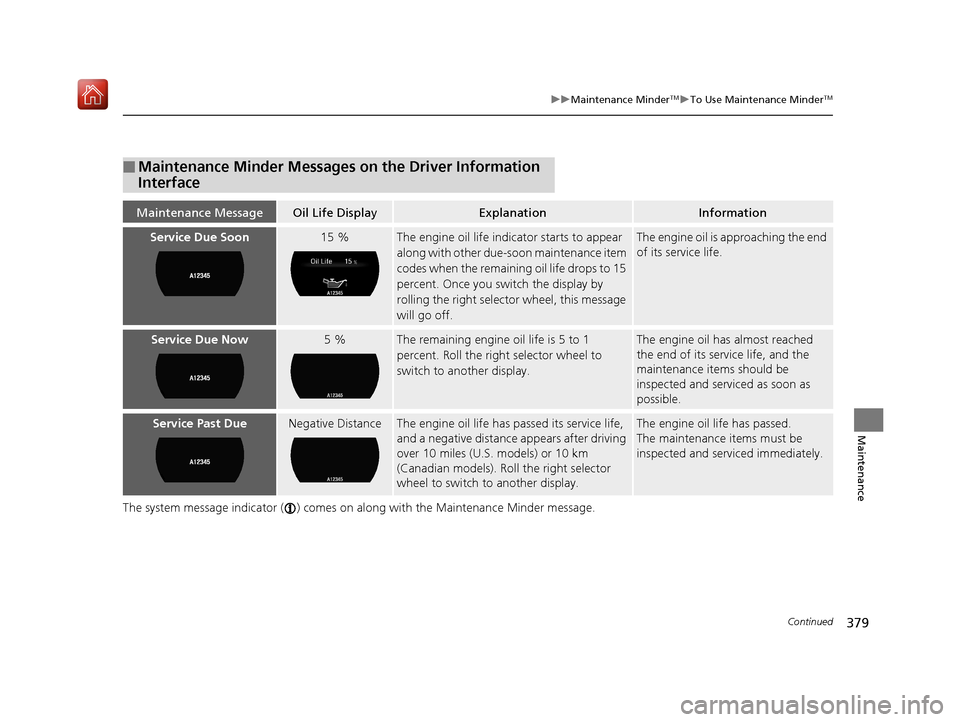 Acura NSX 2019 Owners Manual 379
uuMaintenance MinderTMuTo Use Maintenance MinderTM
Continued
Maintenance
The system message indicator ( ) comes on along with the Maintenance Minder message.
■Maintenance Minder Messages on the Acura NSX 2019 Owners Manual 379
uuMaintenance MinderTMuTo Use Maintenance MinderTM
Continued
Maintenance
The system message indicator ( ) comes on along with the Maintenance Minder message.
■Maintenance Minder Messages on the