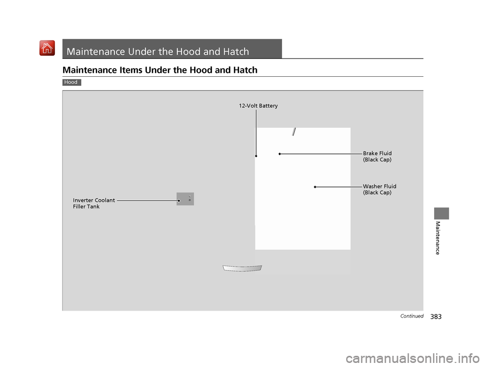 Acura NSX 2019 Owners Manual 383Continued
Maintenance
Maintenance Under the Hood and Hatch
Maintenance Items Under the Hood and Hatch
Hood
Brake Fluid
(Black Cap)
Washer Fluid
(Black Cap)
12-Volt Battery
Inverter Coolant
Fille Acura NSX 2019 Owners Manual 383Continued
Maintenance
Maintenance Under the Hood and Hatch
Maintenance Items Under the Hood and Hatch
Hood
Brake Fluid
(Black Cap)
Washer Fluid
(Black Cap)
12-Volt Battery
Inverter Coolant
Fille