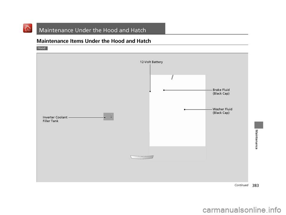 Acura NSX 2019  Owners Manual 383Continued
Maintenance
Maintenance Under the Hood and Hatch
Maintenance Items Under the Hood and Hatch
Hood
Brake Fluid 
(Black Cap)
Washer Fluid 
(Black Cap)
12-Volt Battery
Inverter Coolant 
Fille