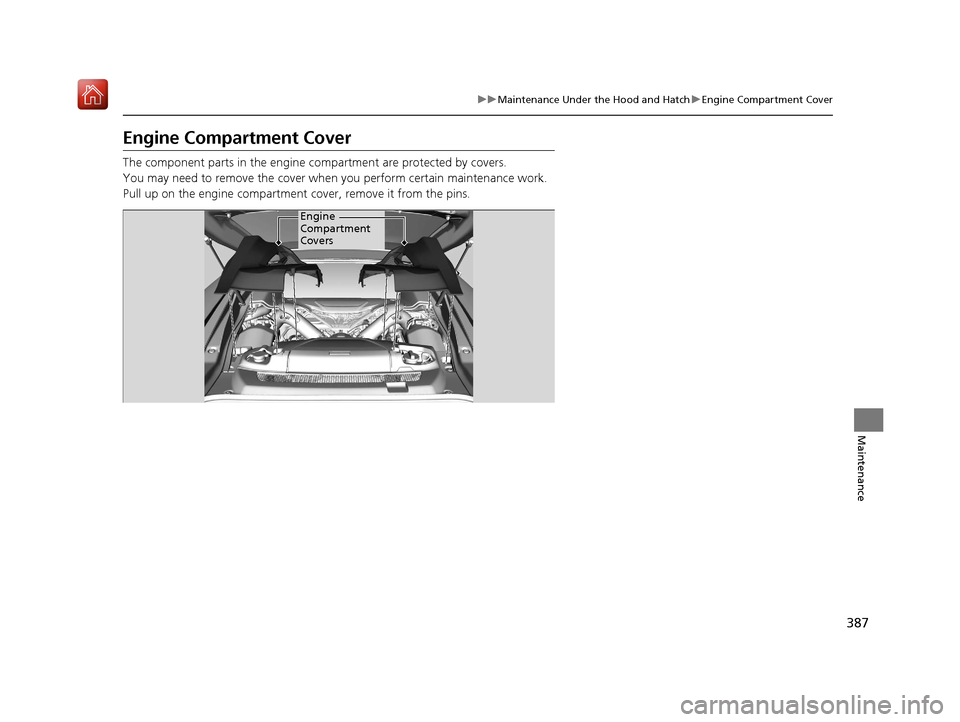 Acura NSX 2019 Owners Manual 387
uuMaintenance Under the Hood and Hatch uEngine Compartment Cover
Maintenance
Engine Compartment Cover
The component parts in the engine co mpartment are protected by covers.
You may need to remove Acura NSX 2019 Owners Manual 387
uuMaintenance Under the Hood and Hatch uEngine Compartment Cover
Maintenance
Engine Compartment Cover
The component parts in the engine co mpartment are protected by covers.
You may need to remove