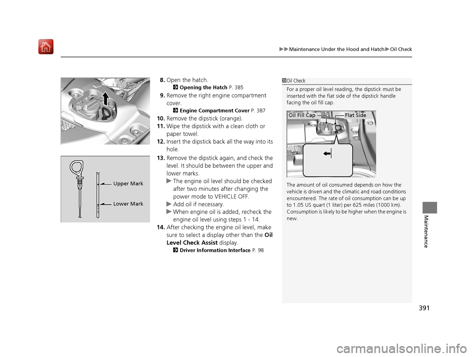 Acura NSX 2019 Owners Manual 391
uuMaintenance Under the Hood and Hatch uOil Check
Maintenance
8. Open the hatch.
2 Opening the Hatch P. 385
9.Remove the right engine compartment
cover.
2 Engine Compartment Cover P. 387
10.Rem Acura NSX 2019 Owners Manual 391
uuMaintenance Under the Hood and Hatch uOil Check
Maintenance
8. Open the hatch.
2 Opening the Hatch P. 385
9.Remove the right engine compartment
cover.
2 Engine Compartment Cover P. 387
10.Rem