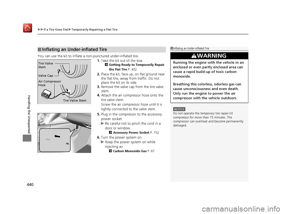 Acura NSX 2019  Owners Manual uuIf a Tire Goes Flat uTemporarily Repairing a Flat Tire
440
Handling the Unexpected
You can use the kit to inflate a non-punctured under-inflated tire.
1.Take the kit out of the box.
2 Getting Ready 