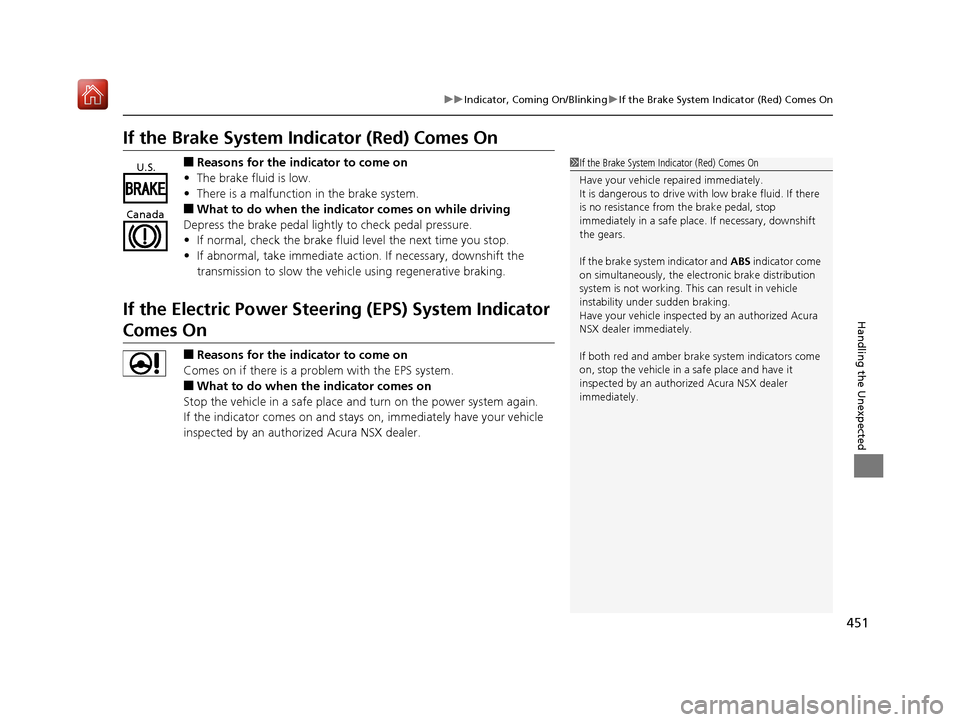 Acura NSX 2019  Owners Manual 451
uuIndicator, Comin g On/BlinkinguIf the Brake System Indicator (Red) Comes On
Handling the Unexpected
If the Brake System Indicator (Red) Comes On
■Reasons for the indicator to come on
• The b