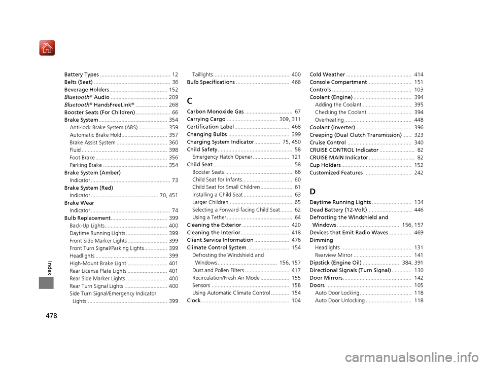 Acura NSX 2019  Owners Manual 478
Index
Battery Types..............................................  12
Belts (Seat) ..................................................  36
Beverage Holders ...................................... 15