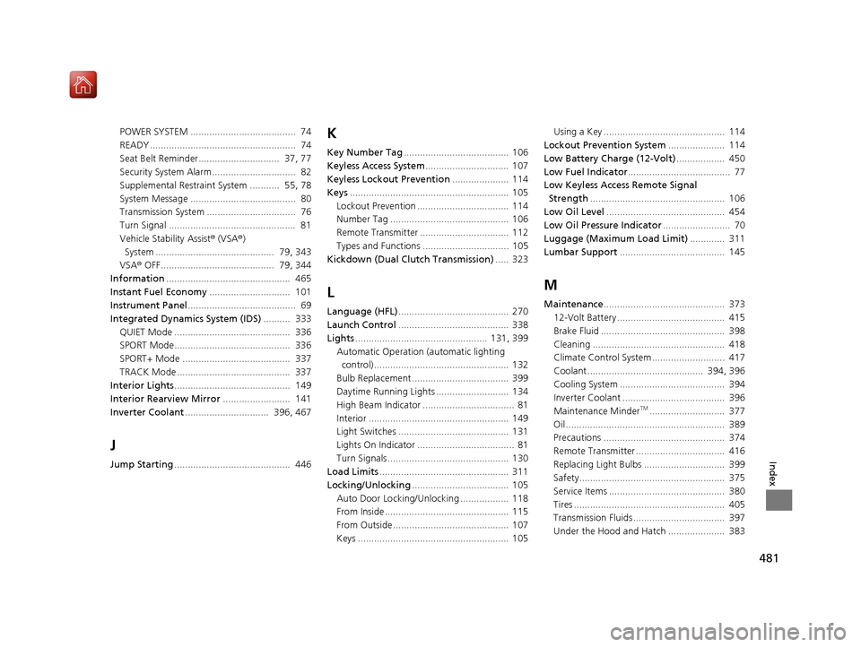 Acura NSX 2019  Owners Manual 481
Index
POWER SYSTEM .......................................  74
READY ......................................................  74
Seat Belt Reminder..............................  37, 77
Security Sy