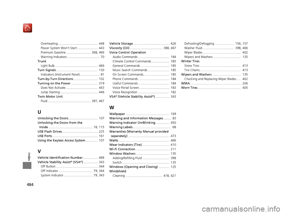 Acura NSX 2019  Owners Manual 484
Index
Overheating............................................. 448
Power System Won’t Start ....................... 443
Premium Gasoline............................  368, 466
Warning Indicators 