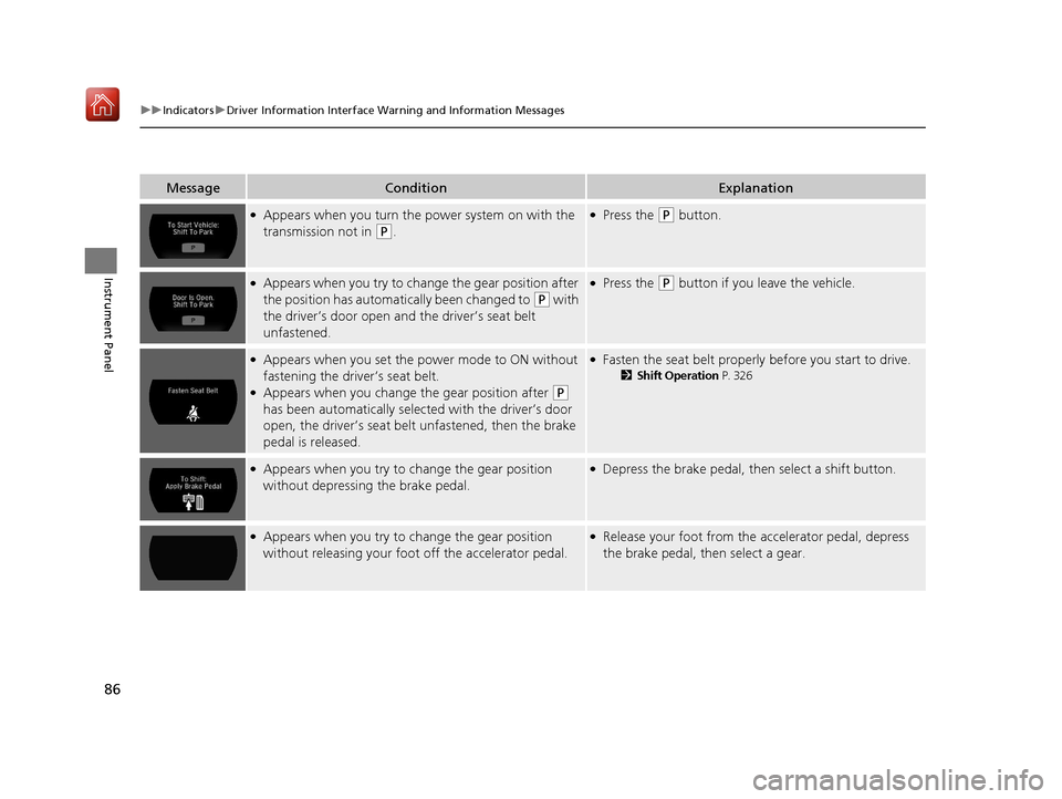 Acura NSX 2019 Manual Online 86
uuIndicators uDriver Information Interface Wa rning and Information Messages
Instrument Panel
MessageConditionExplanation
●Appears when you turn the power system on with the
transmission not in Acura NSX 2019 Manual Online 86
uuIndicators uDriver Information Interface Wa rning and Information Messages
Instrument Panel
MessageConditionExplanation
●Appears when you turn the power system on with the
transmission not in