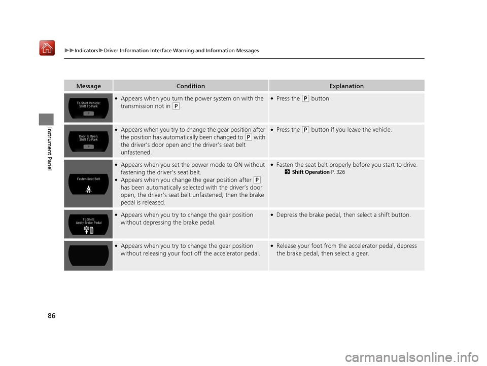 Acura NSX 2019  Owners Manual 86
uuIndicators uDriver Information Interface Wa rning and Information Messages
Instrument Panel
MessageConditionExplanation
●Appears when you turn the power system on with the 
transmission not in 