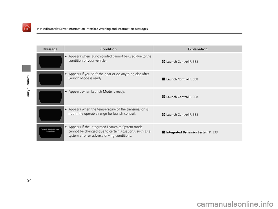 Acura NSX 2019 Owners Manual 94
uuIndicators uDriver Information Interface Wa rning and Information Messages
Instrument Panel
MessageConditionExplanation
●Appears when launch control cannot be used due to the
condition of your Acura NSX 2019 Owners Manual 94
uuIndicators uDriver Information Interface Wa rning and Information Messages
Instrument Panel
MessageConditionExplanation
●Appears when launch control cannot be used due to the
condition of your