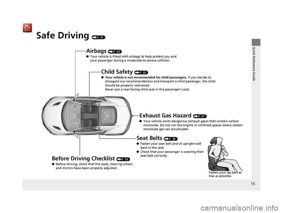 Acura NSX 2018  Owners Manual 15
Quick Reference Guide
Safe Driving (P 31)
Airbags (P 43)
● Your vehicle is fitted with ai rbags to help protect you and 
your passenger during a moderate-to-severe collision.
Child Safety (P 58)
