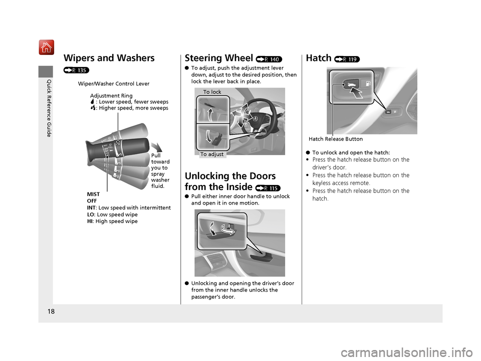 Acura NSX 2018  Owners Manual 18
Quick Reference Guide
Wipers and Washers 
(P 135)
Wiper/Washer Control LeverAdjustment Ring : Lower speed, fewer sweeps: Higher speed, more sweeps
MIST
OFF
INT: Low speed with intermittent
LO : Low