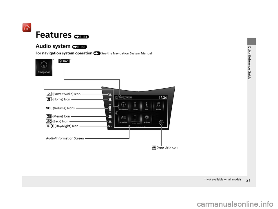 Acura NSX 2018 Owners Guide 21
Quick Reference Guide
Features (P 161)
Audio system (P 166)
Audio/Information Screen (Power/Audio) Icon
VOL
(Volume) Icons
(Day/Night) Icon
For navigation system operation () See the Navigation Acura NSX 2018 Owners Guide 21
Quick Reference Guide
Features (P 161)
Audio system (P 166)
Audio/Information Screen (Power/Audio) Icon
VOL
(Volume) Icons
(Day/Night) Icon
For navigation system operation () See the Navigation