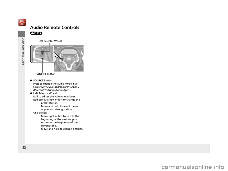 Acura NSX 2018 Owners Manual 22
Quick Reference Guide
Audio Remote Controls
(P 165)
●SOURCE Button
Press to change the audio mode: FM/
SiriusXM ®
*/USB/iPod/Pandora ®*/Apps*/
Bluetooth ® Audio/Audio Apps*.
● Left Selecto Acura NSX 2018 Owners Manual 22
Quick Reference Guide
Audio Remote Controls
(P 165)
●SOURCE Button
Press to change the audio mode: FM/
SiriusXM ®
*/USB/iPod/Pandora ®*/Apps*/
Bluetooth ® Audio/Audio Apps*.
● Left Selecto