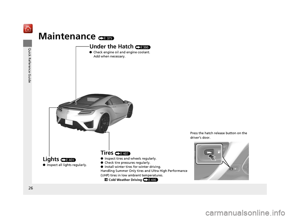 Acura NSX 2018  Owners Manual 26
Quick Reference Guide
Maintenance (P 375)
Press the hatch release button on the 
driver’s door.
Lights (P401)
● Inspect all lights regularly.
Under the Hatch (P386)
● Check engine oil and eng