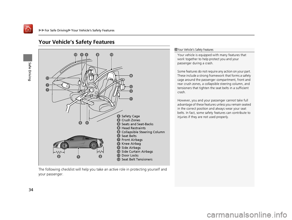 Acura NSX 2018 Owners Guide 34
uuFor Safe Driving uYour Vehicle’s Safety Features
Safe Driving
Your Vehicle’s Safety Features
The following checklist will help you take an active role in protecting yourself and
your passen Acura NSX 2018 Owners Guide 34
uuFor Safe Driving uYour Vehicle’s Safety Features
Safe Driving
Your Vehicle’s Safety Features
The following checklist will help you take an active role in protecting yourself and
your passen