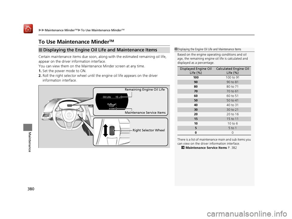 Acura NSX 2018 Owners Guide 380
uuMaintenance MinderTMuTo Use Maintenance MinderTM
Maintenance
To Use Maintenance MinderTM
Certain maintenance items due soon, along  with the estimated remaining oil life, 
appear on the driver i